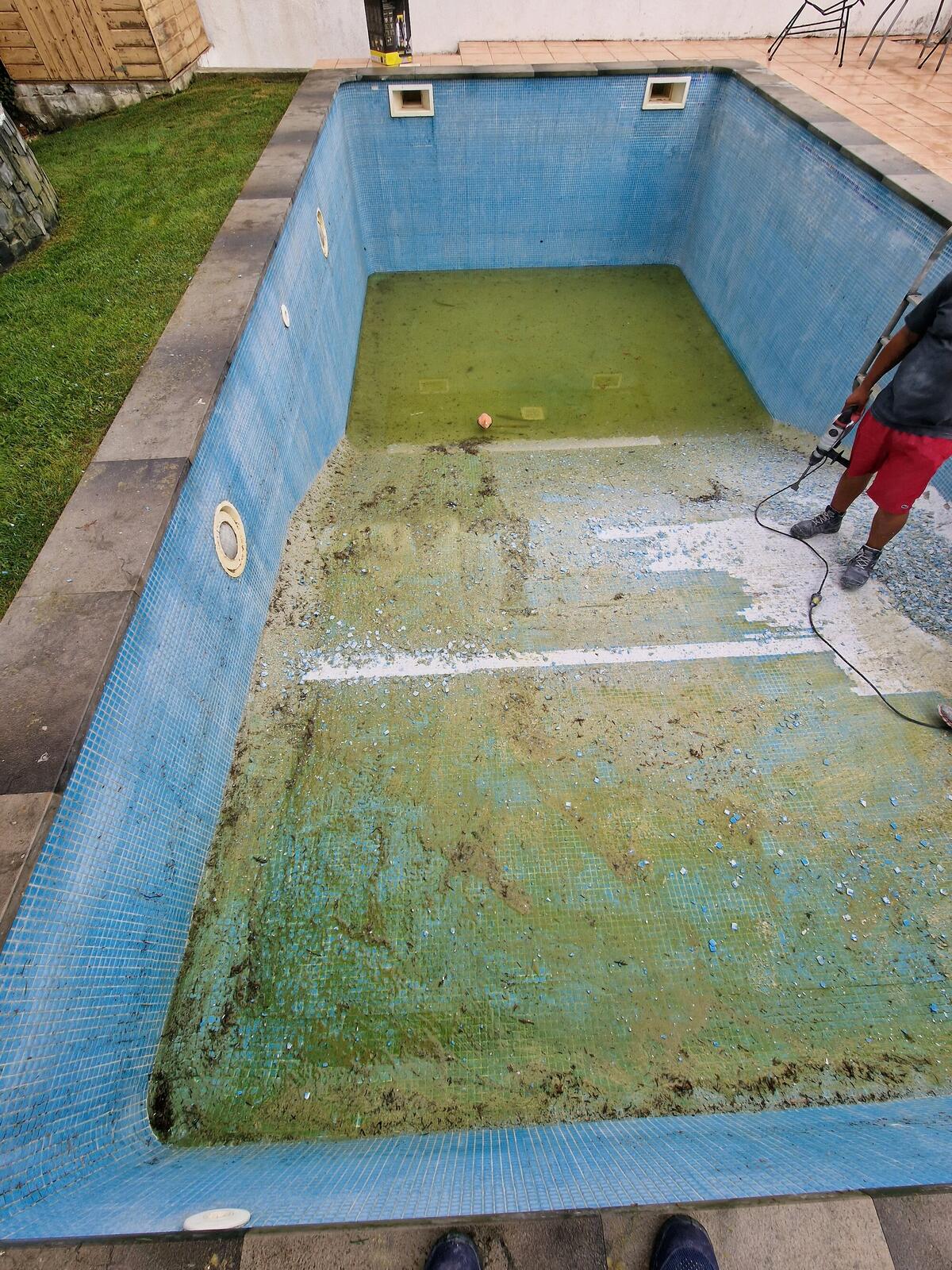 Piscina antes — algas verdes, em manutenção pela equipa Volcatti